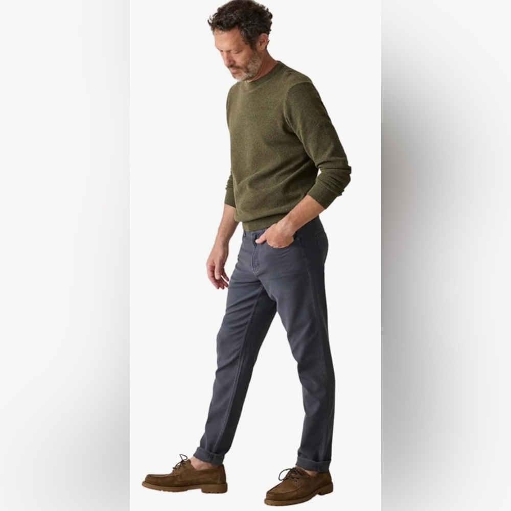 Faherty Navy Denim Jeans with Brown Leather Patch